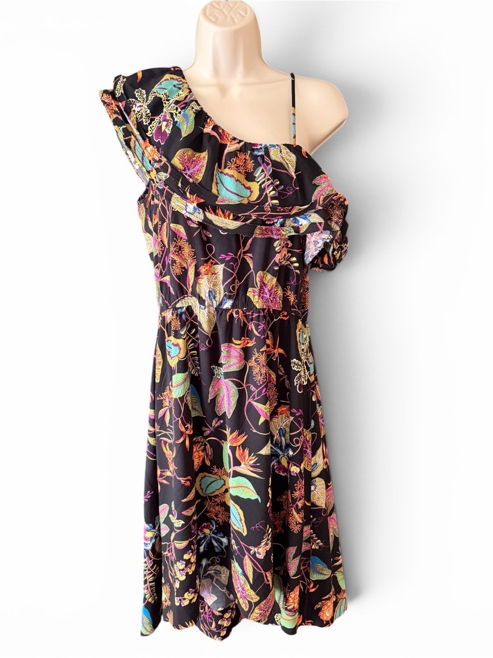 H&M Women’s One-Shoulder High-Low Black Floral Midi Dress Size 10
